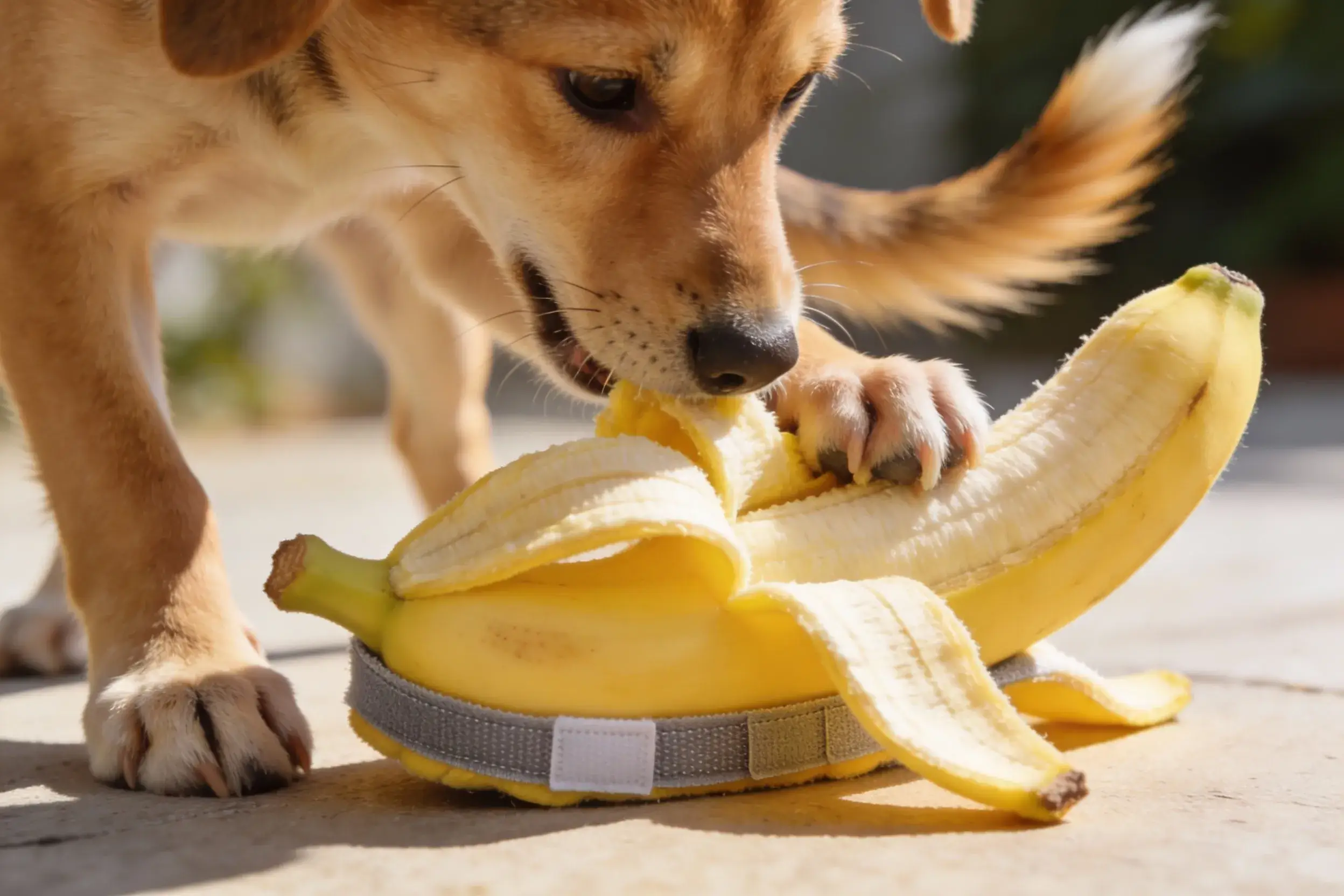 Photo of a dog playing with a peelable banana toy, showing the Velcro layers