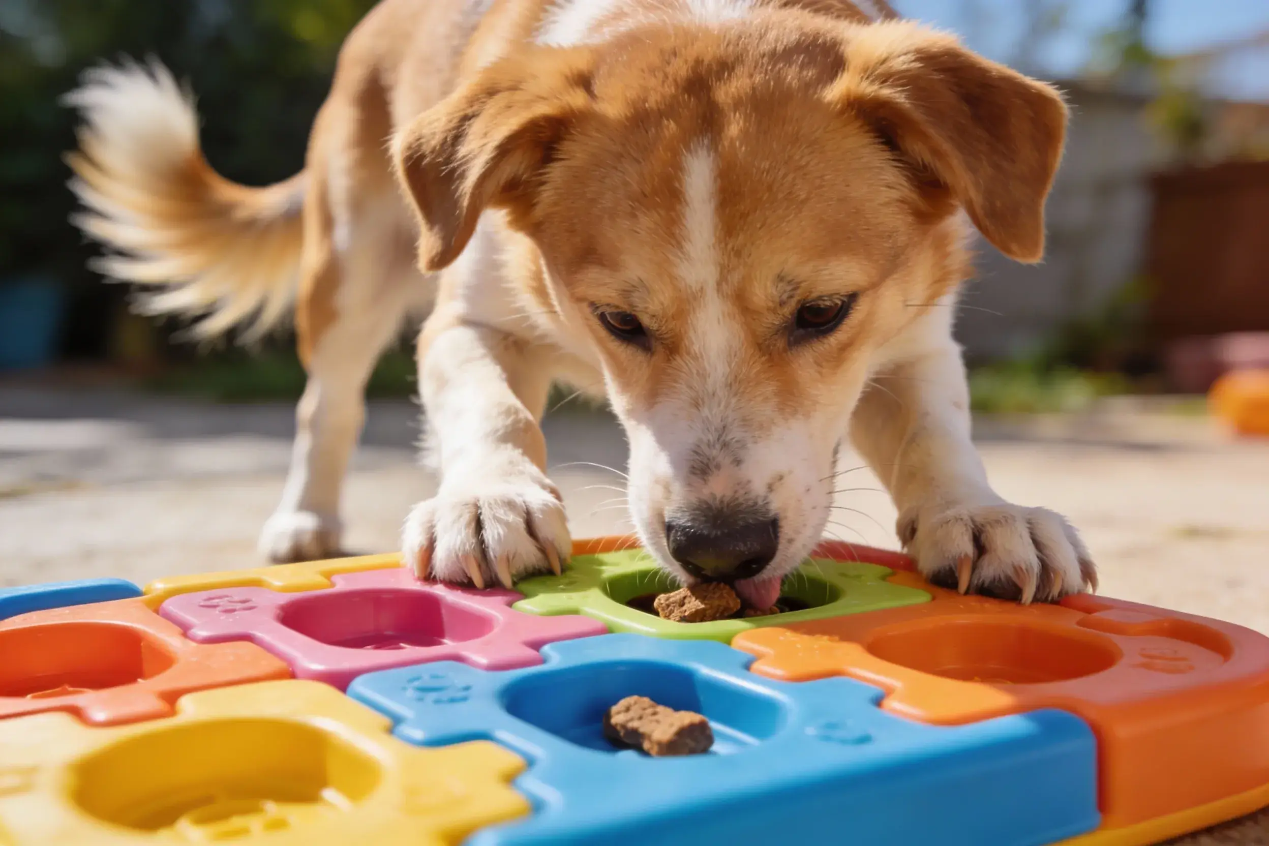 Dog engaging with a puzzle feeder