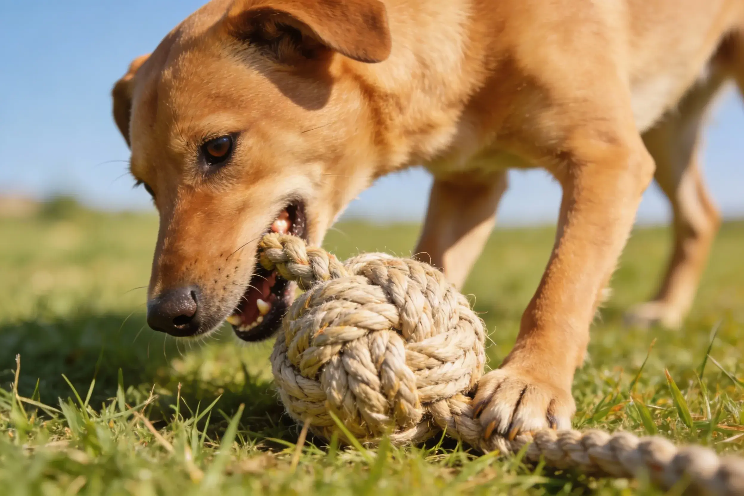 Dog playing tug with a thick rope ball in a grassy field
