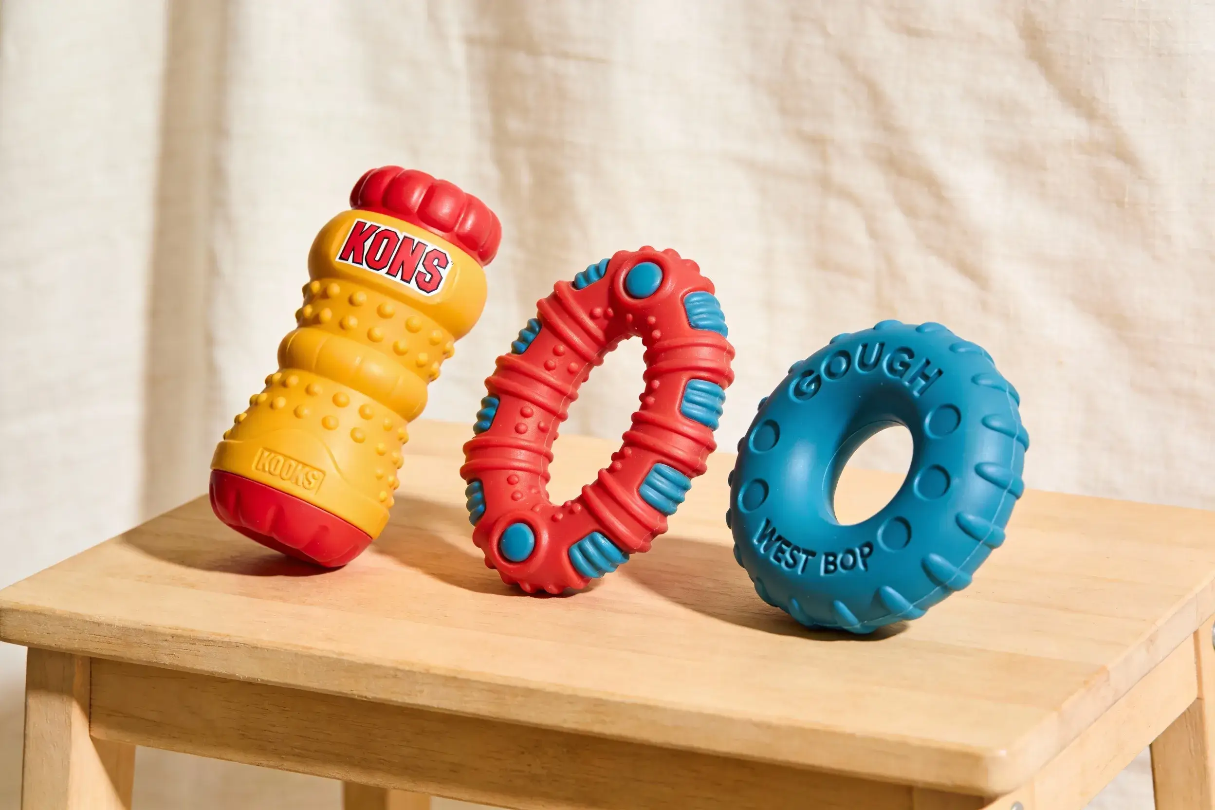 Comparison of three durable chew toys: KONG, Goughnuts, West Paw