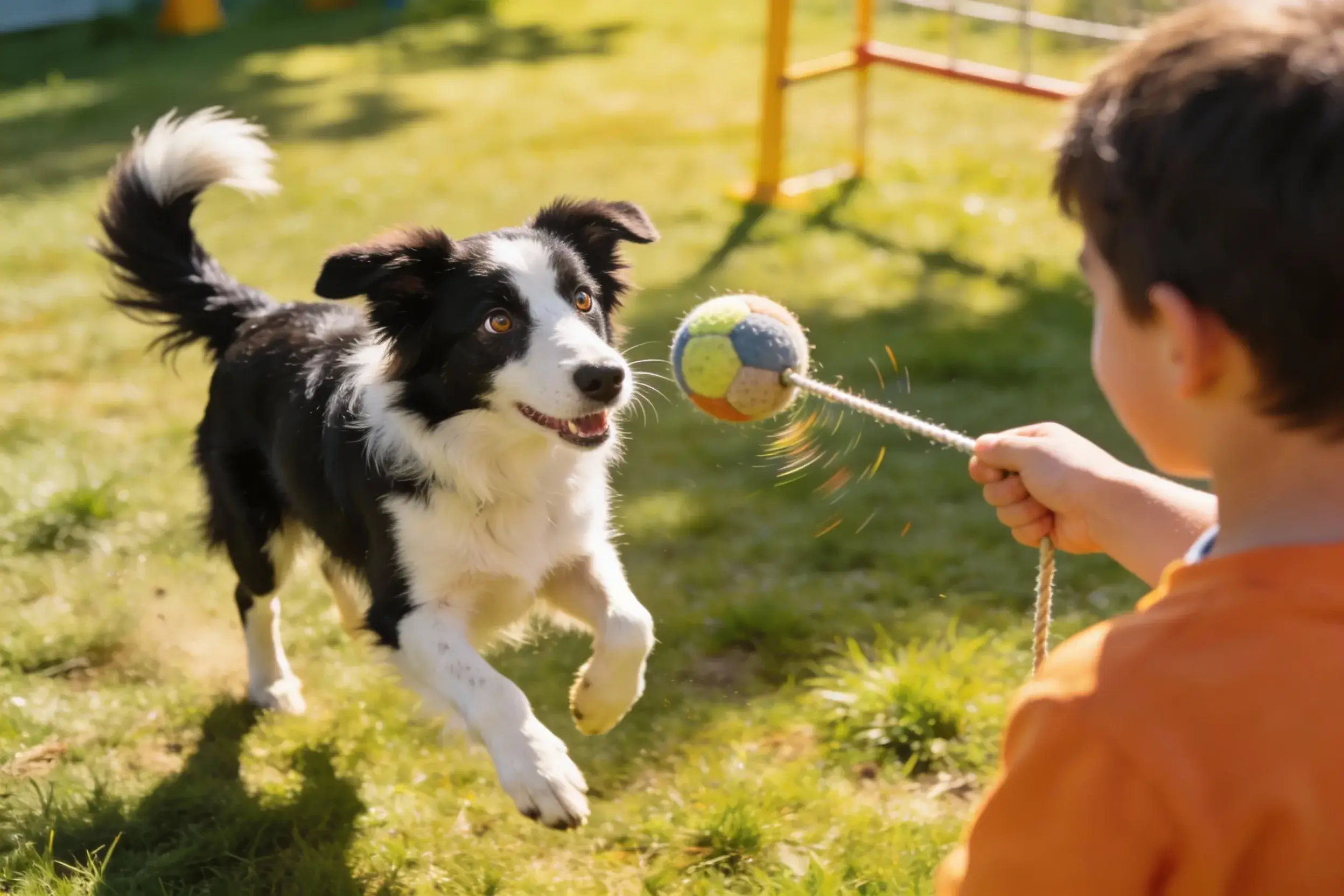 Ball on a string being used to reward a Border Collie mid-training