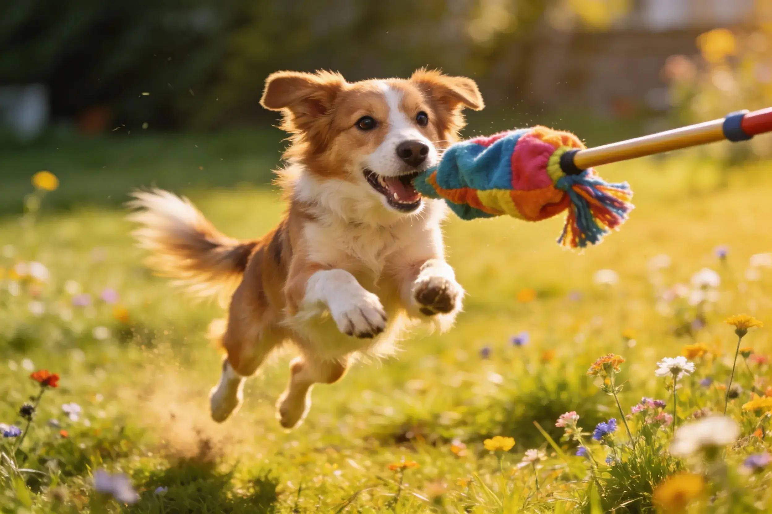 Dog leaping to catch a flirt pole toy outside