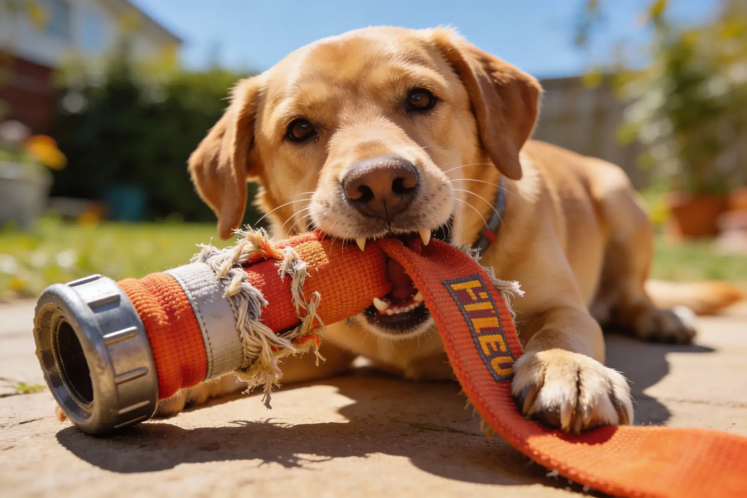 Dog chewing a frayed but still intact fire hose toy