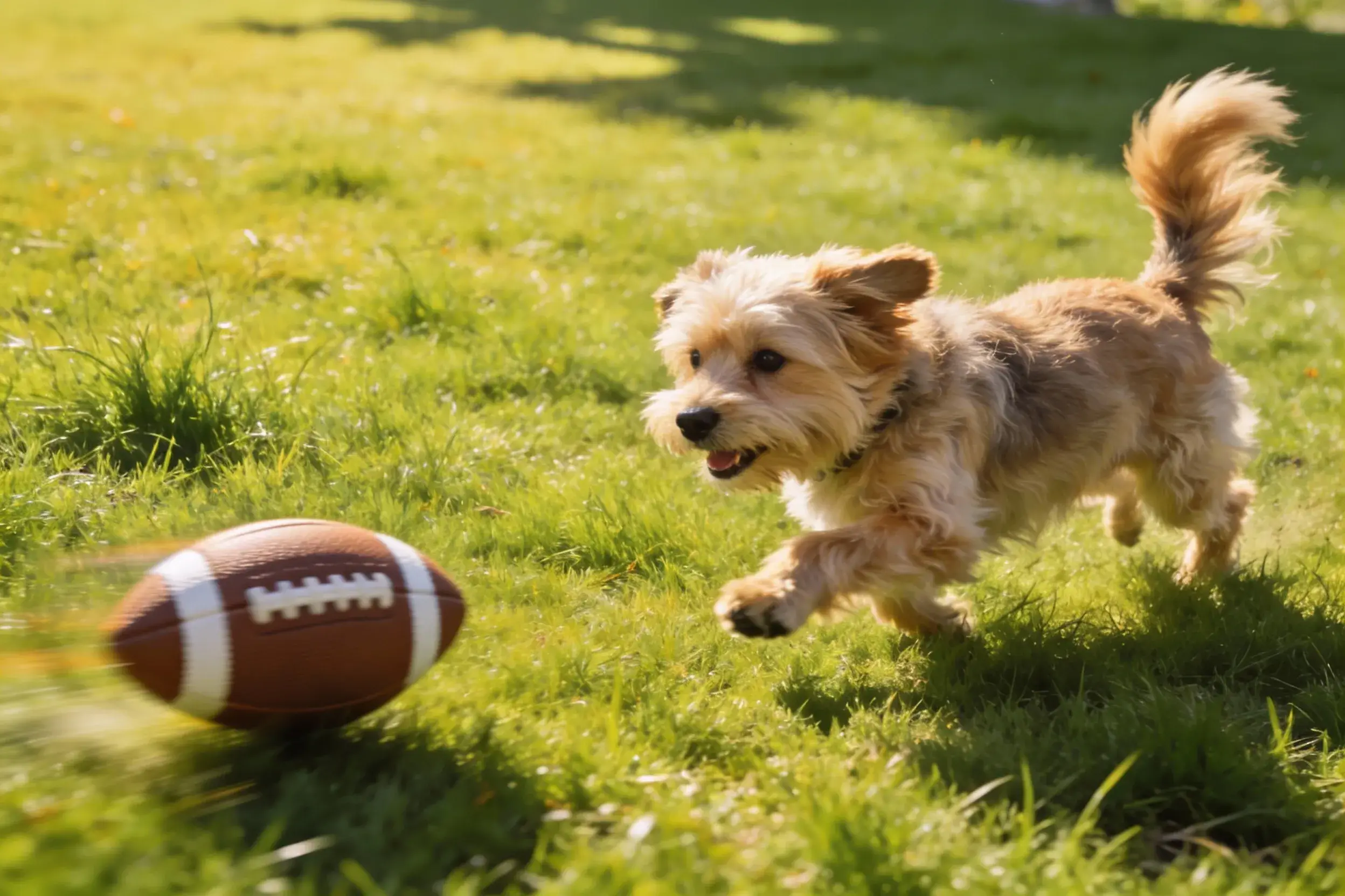 Dog chasing football-shaped toy on grass