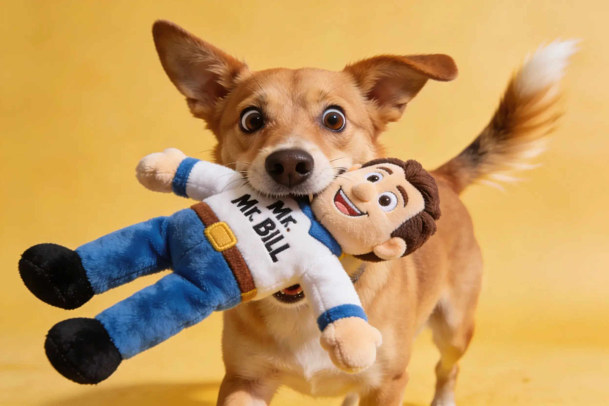 A dog holding a plush Mr. Bill toy, with visible excitement.