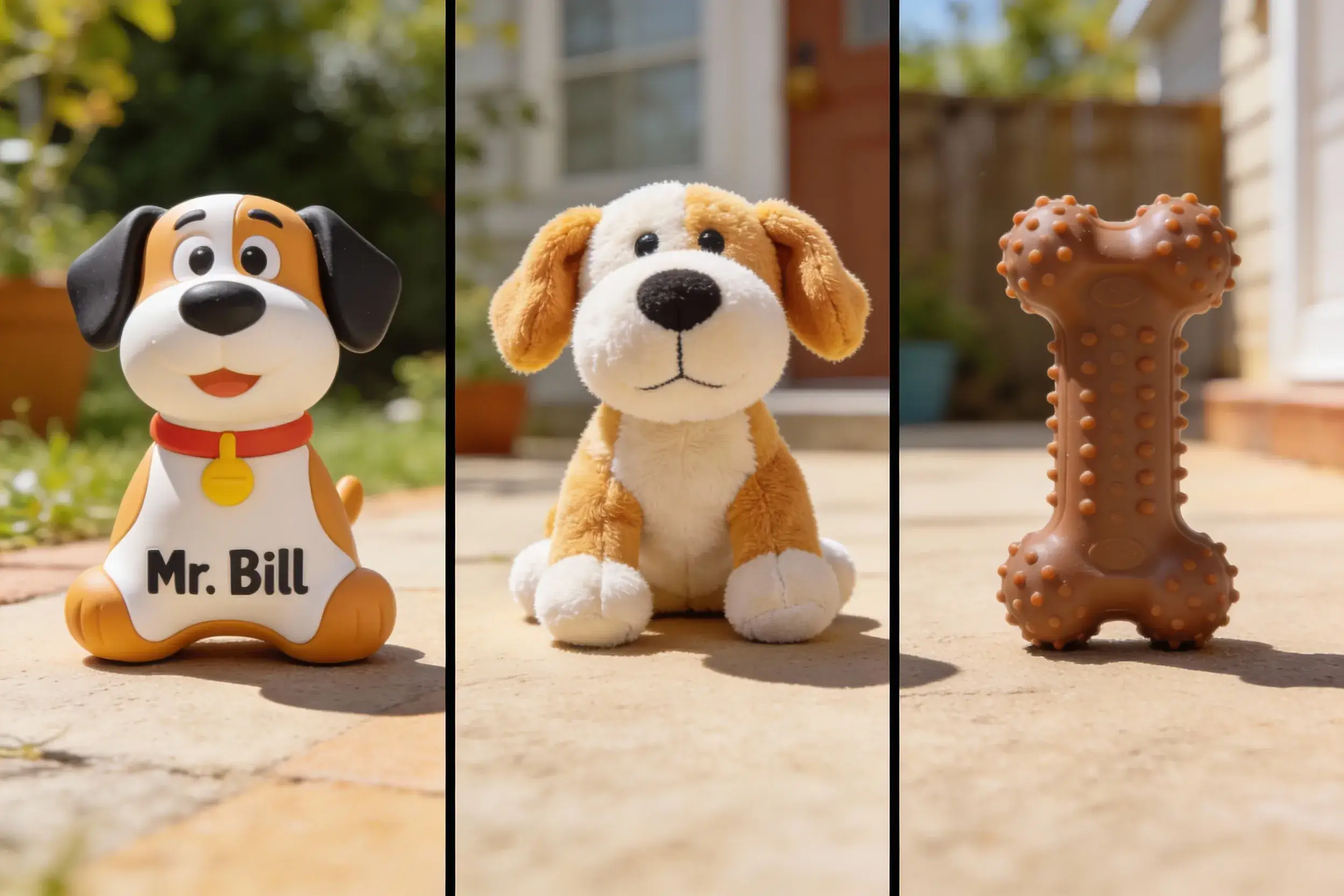 Side-by-side comparison of Mr. Bill Dog Toy, regular squeaky toy, and rubber chew toy.
