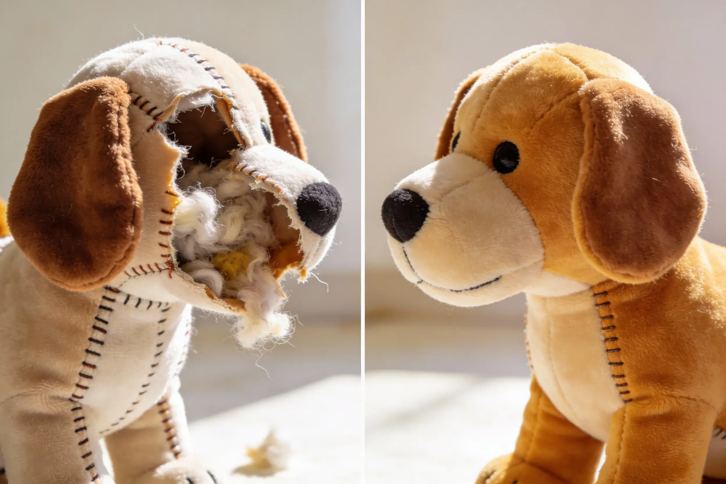 A side-by-side of plush dog toys, one torn and one intact, with highlighted stitching details