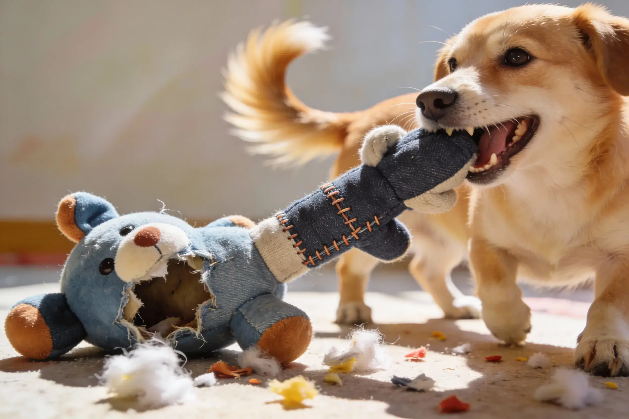 A happy dog playing tug with a reinforced plush toy next to a destroyed regular plush