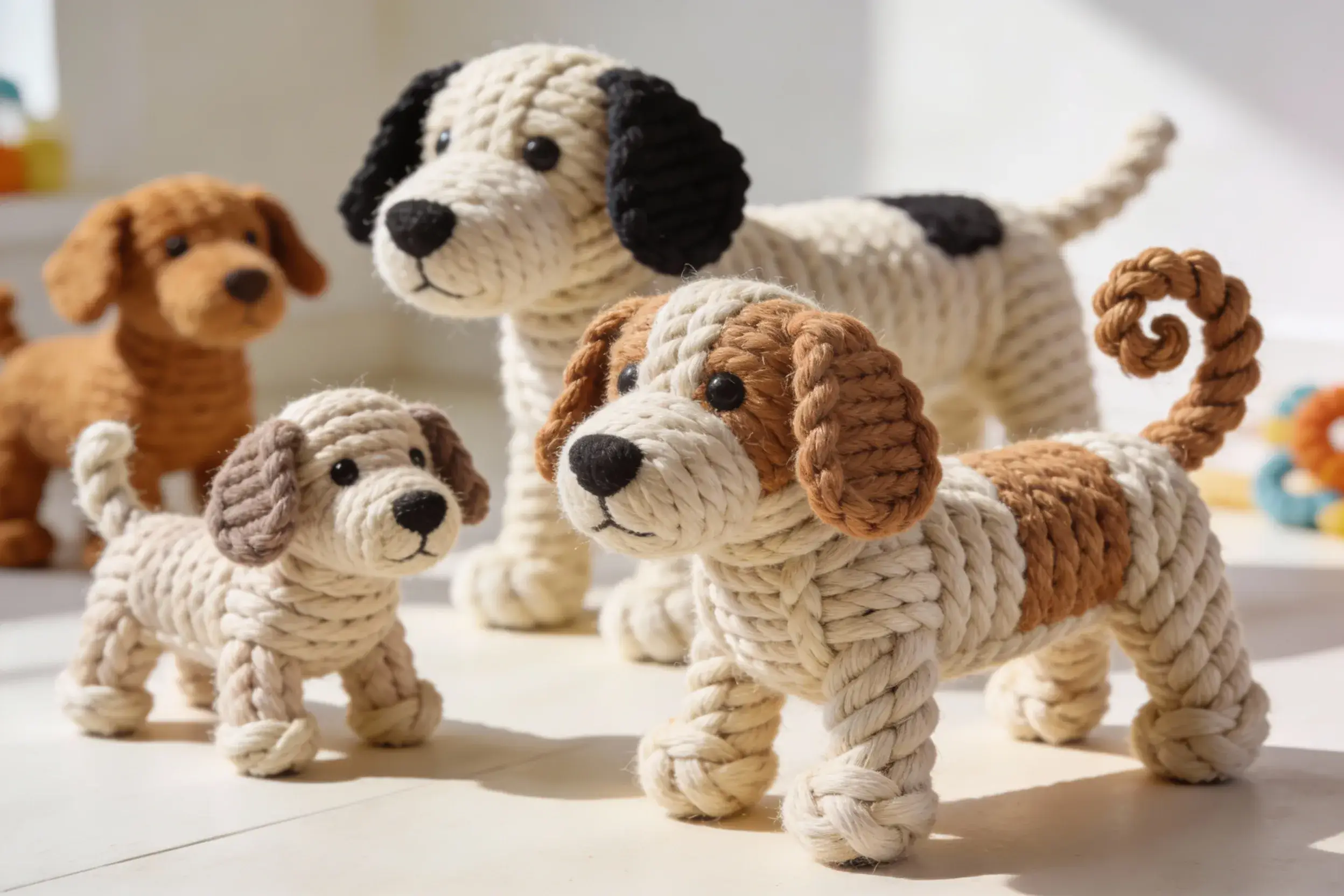 Assortment of animal-shaped rope toys for different dog sizes