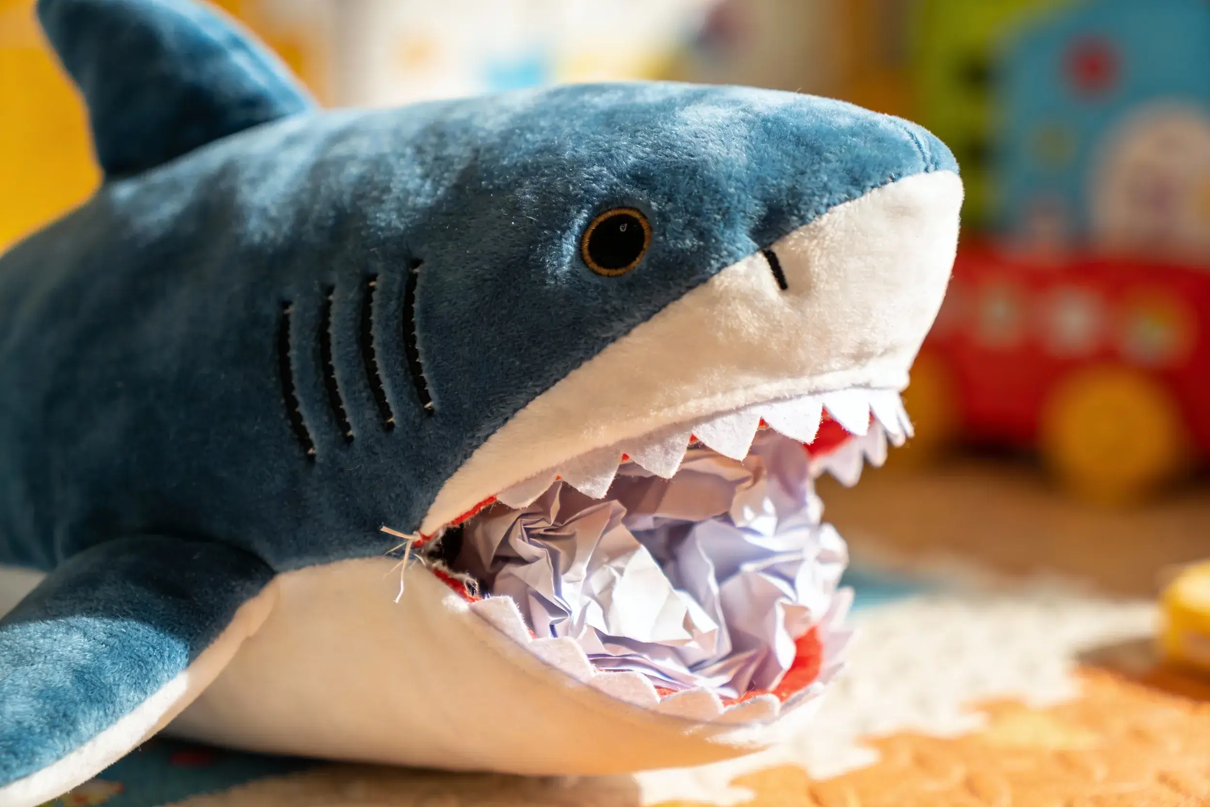 Close-up of a shark toy showing internal crinkle paper