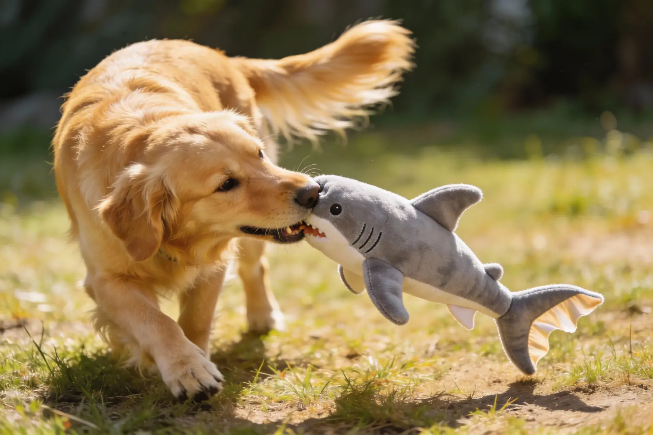 Dog playing tug-of-war with a hammerhead shark toy