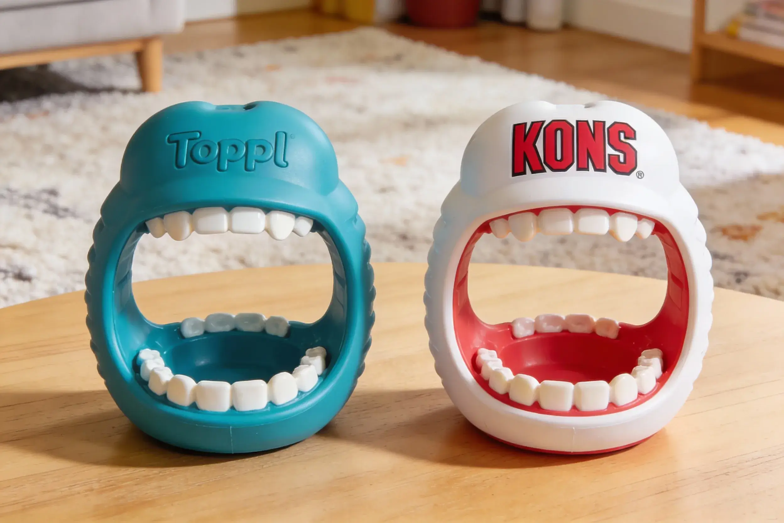 Toppl vs. KONG design comparison: side-by-side showing wide mouth and internal teeth
