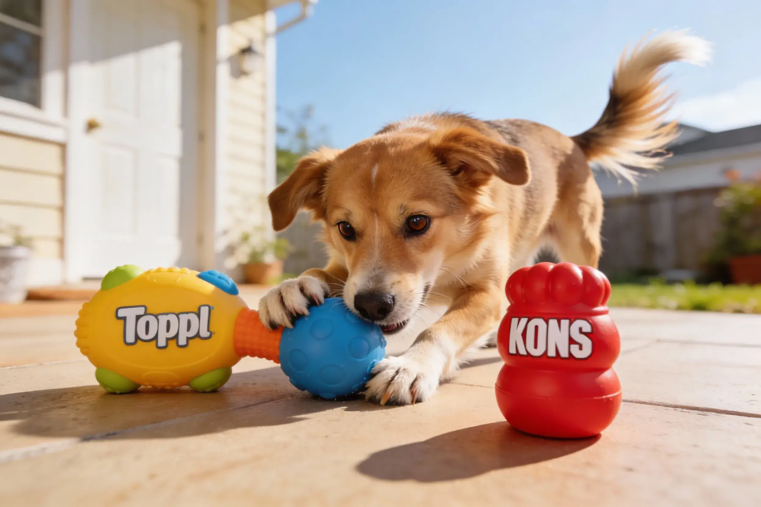 Dog interacting with Toppl and KONG, showing effort and engagement