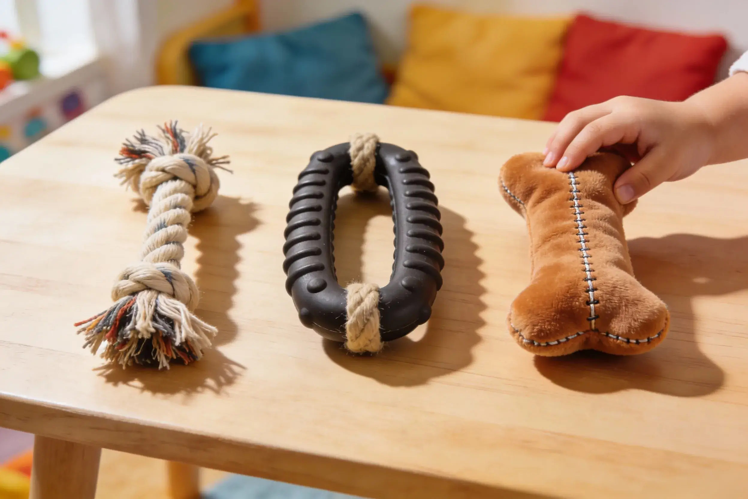 A chart comparing rope, rubber, and plush tug toys for safety and durability